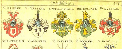 Wappen brandenburgischer Adelsgeschlechter, 1605 - Appuhn, Horst (Hrsg.): Johann Siebmachers Wappenbuch. Die bibliophilen Taschenbücher 538, 2. verb. Aufl, Dortmund 1989, Blatt 175.
