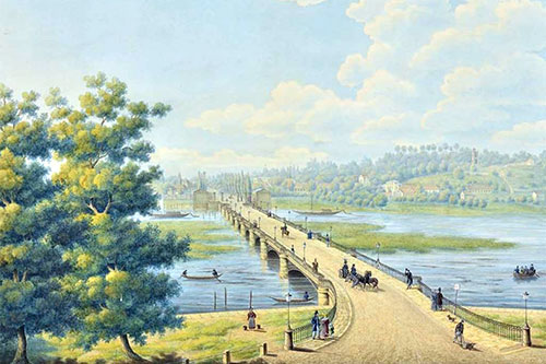 Carl Daniel Freydanck (1811–1887), Die Lange Brücke zu Potsdam aus dem Zimmer Seiner Königlichen Hoheit des Kronprinzen aufgenommen, Aquarell 1834